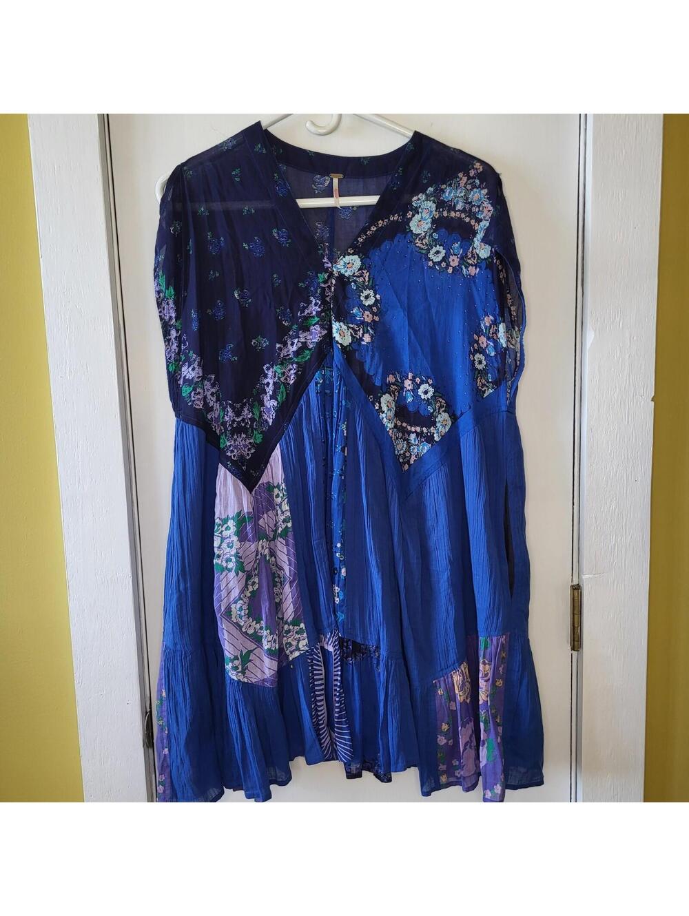 Free People Mended with Scarves mini dress medium blues dark combo 2 pockets